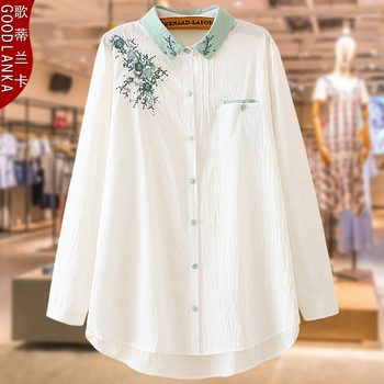 Middle-aged 40-50-year-old mother white shirt mid-length spring and autumn models plus fertilizer plus size women's embroidered cotton top