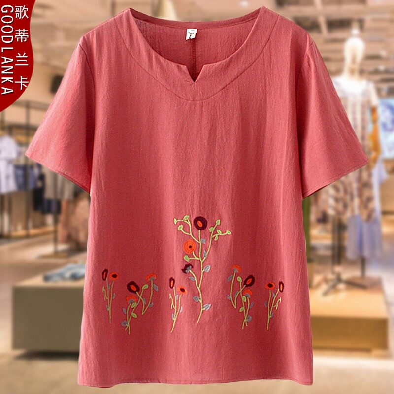 Mother Foreign Pie short sleeve cotton linen jacket middle-aged summer dress slim fit T-shirt Gats up for older ladies in dress mid-age