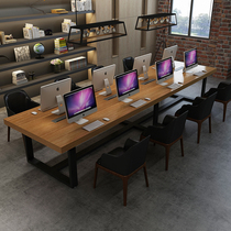 Xinlida Wrought iron long table Solid wood desk Rectangular small conference table Simple long table workbench