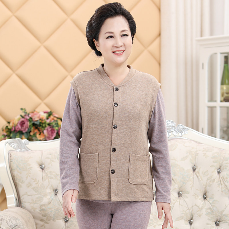 Middle aged lady cardiovert cardiovert fastening double face grinding with warm vest waistcoat Shoulder Vest Autumn Winter Wear old man chopping sleeves