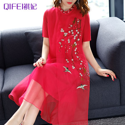 祺妃2018春夏新款女中国风真丝欧根纱刺绣红