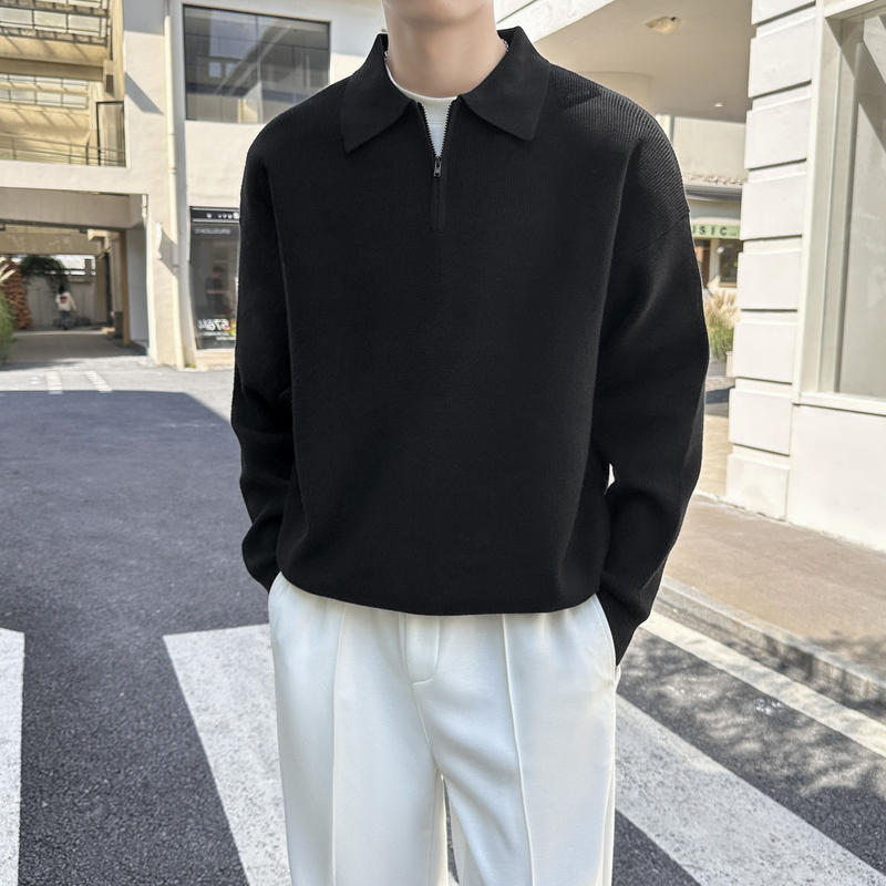 Half-Zip Polo Sweater Men's Turn-Down Collar Korean Style Trendy Casual Long-Sleeve Knitwear Light Mature Style Knitwear