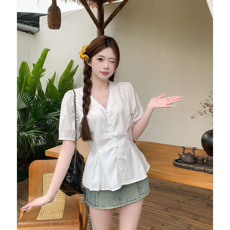 2026 Summer New Style Plus Size French Lace Patchwork Short Sleeve Shirt for Women, Large Size Waist-Cinching Slimming Top 8277