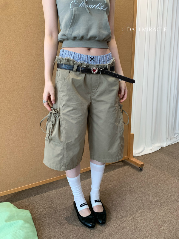 Dali Design Niche Design Double-Waist Patchwork Wide-Leg Pants Low-Rise Six-Point Cotton Work Pants