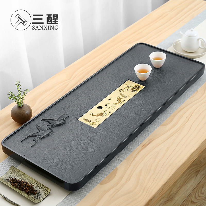 Natural Whole Block Engraving U Gold Stone Tea Tray Home Chinese Style Tea Desk Handmade Size Stone Tea Sea Nursery Tray Tea Set