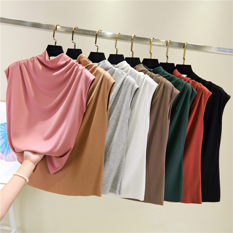 Spring and Summer Modal Half-High Collar Sleeveless T-Shirt, Summer Plus-Size Women's Loose Tank Top, Versatile Top, Ribbed Base Shirt