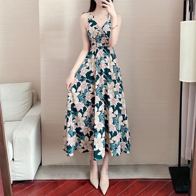 Chiffon Floral Sling Dress Women's Summer Dress 2022 New Temperament Seaside Vacation Slim Sexy Long Skirt