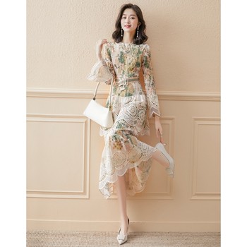 Early spring French floral dress women's 2023 spring new women's chiffon temperament waist slimming long skirt