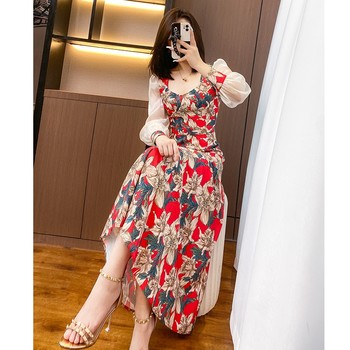 Early spring French dress women's 2023 spring new women's clothing temperament slim temperament floral chiffon long skirt