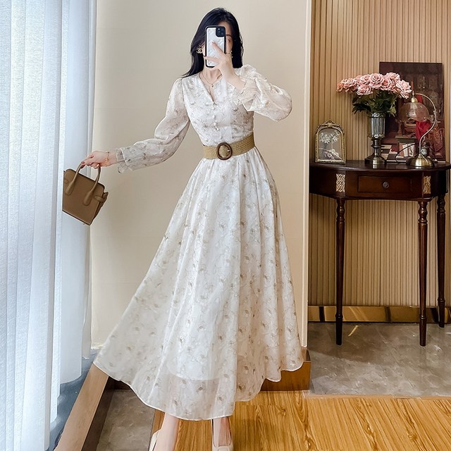 Tea break French floral dress 2023 early spring new women's clothing celebrity temperament waist skirt high-end sense