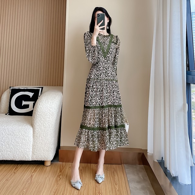 French chiffon floral dress women's 2022 early autumn new women's clothing ladies temperament thin and high-end skirt