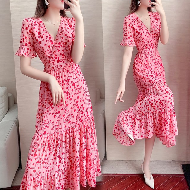 Floral chiffon dress women's summer 2022 summer new thin French temperament waist and thin long skirt