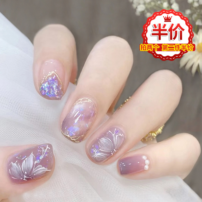 Handmade Wearable Nails 2026 New Fake Nail Stickers Removable Manicure Summer Purple Camellia Wearable Nails Short Style Handmade Wearable Nails 2026 New Fake Nail Stickers Removable Manicure Summer Purple Camellia Wearable Nails Short Style