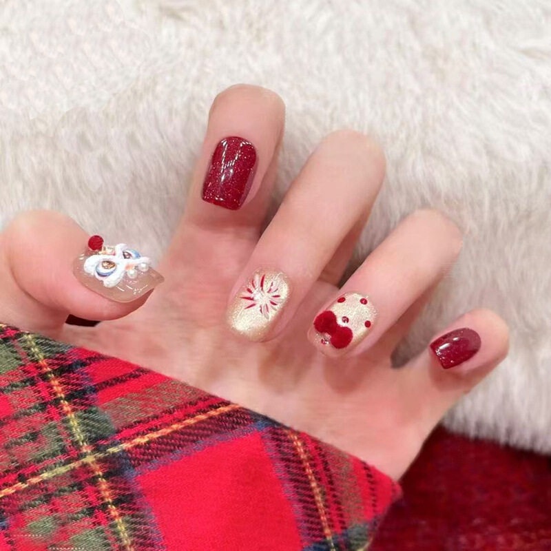 Purely Handmade Kidsren's Manicure Wearable Nails Short Style New Year Fireworks Lion Awakening Cat Eye Fake Nail Patches 2026 New Style Purely Handmade Kidsren's Manicure Wearable Nails Short Style New Year Fireworks Lion Awakening Cat Eye Fake Nail Patches 2026 New Style