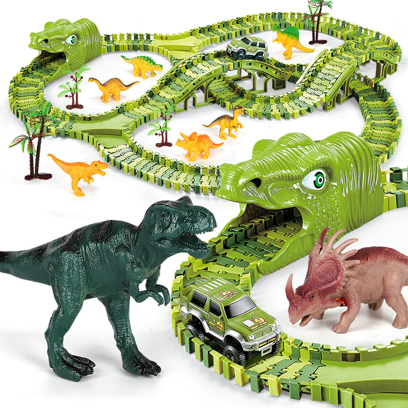 Newqi Dinosaur Track Car Toy Versatile Building Track Simulation Dinosaur Challenge Electric Racing Toy for Boys