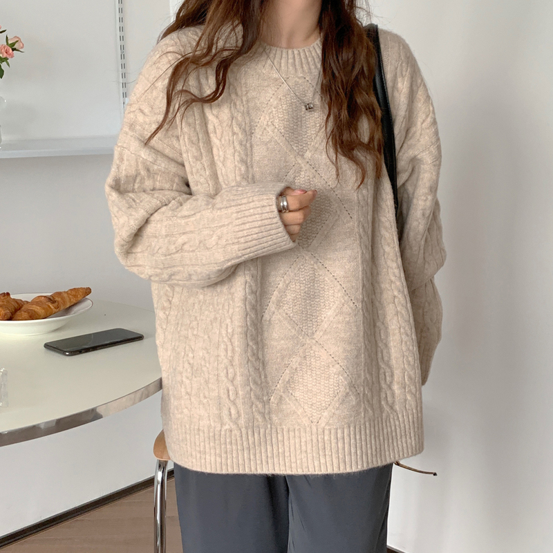 Zy LAOSHU Twist Thickened Sweater for Women, Autumn and Winter, Loose and Lazy Style, Unique Design, Pullover Knitwear for Outerwear Zy LAOSHU Twist Thickened Sweater for Women, Autumn and Winter, Loose and Lazy Style, Unique Design, Pullover Knitwear for Outerwear