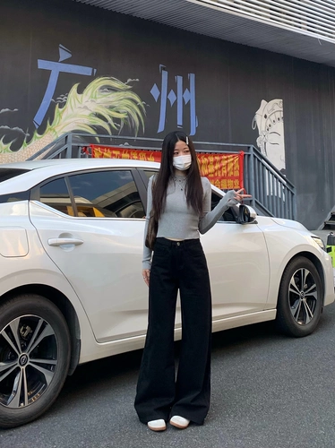 纯哥家 Черные джинсы, демисезонные штаны, свободный крой, высокая талия