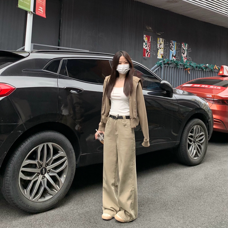 Chun Ge's Khaki Drapey Wide-Leg Jeans for Women, 2026 Autumn New Style, Loose and Slimming Straight-Leg Floor-Length Pants Chun Ge's Khaki Drapey Wide-Leg Jeans for Women, 2026 Autumn New Style, Loose and Slimming Straight-Leg Floor-Length Pants