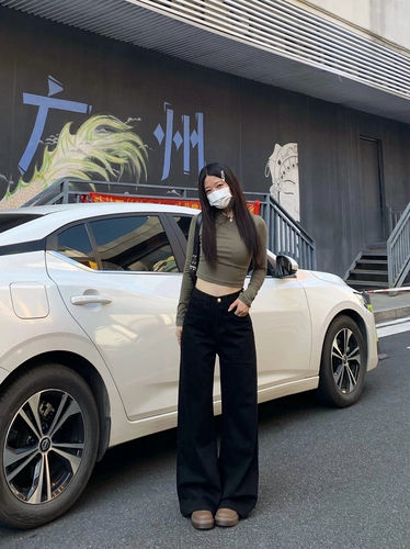 纯哥家 Черные джинсы, демисезонные штаны, свободный крой, высокая талия