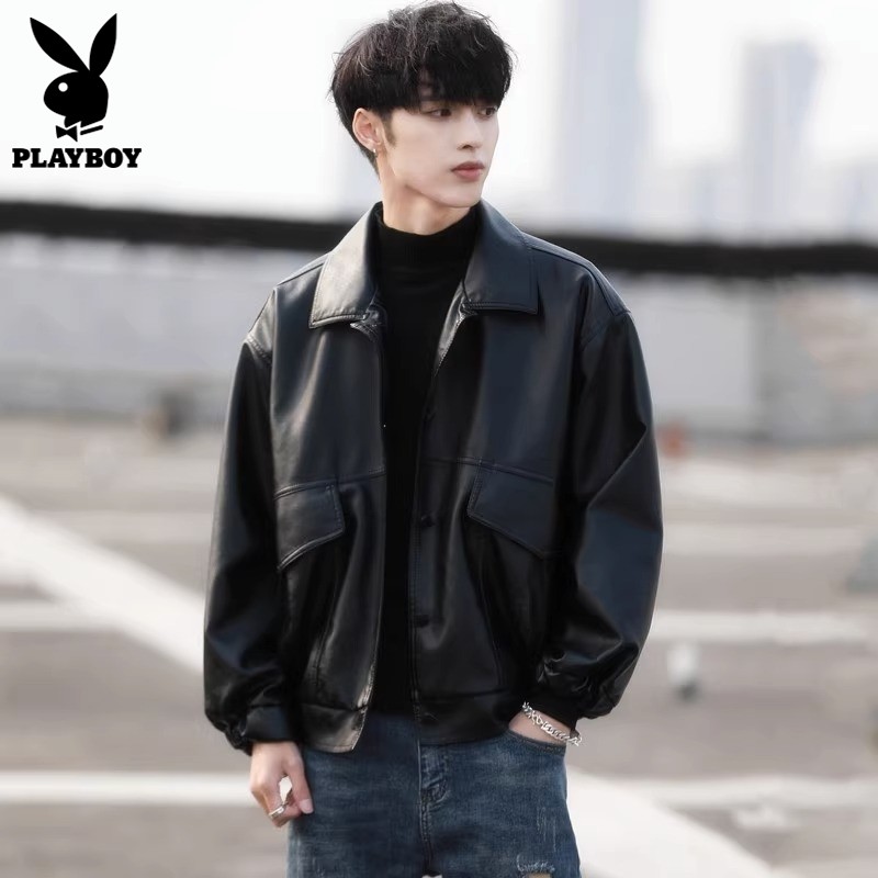 Черная кожаная куртка Playboy, мужская весенне-осенняя брендовая куртка высокого класса с лацканами, повседневная мотоциклетная куртка, кожаная куртка для мужчин