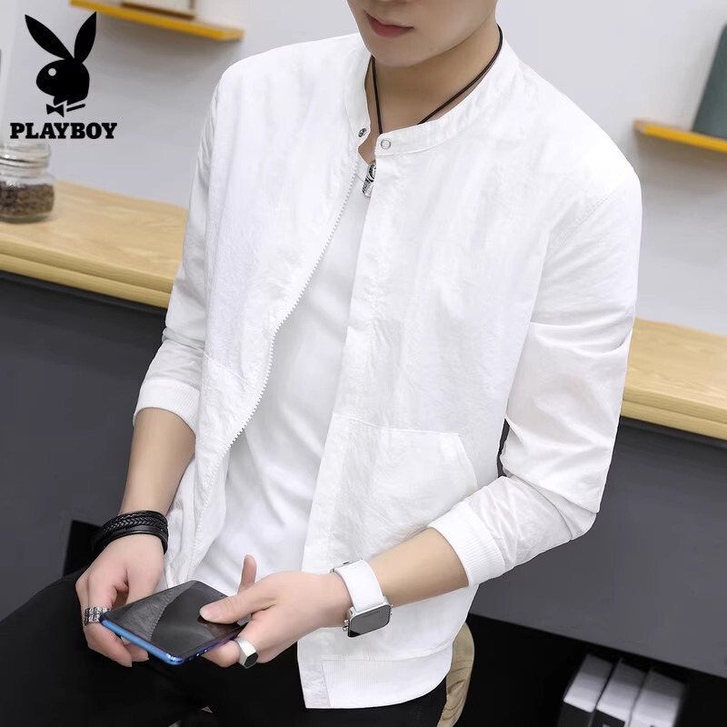 Playboy White Sun Protection Clothing for Men, Summer Thin Breathable Trendy Casual Stand-Up Collar Jacket for Men
