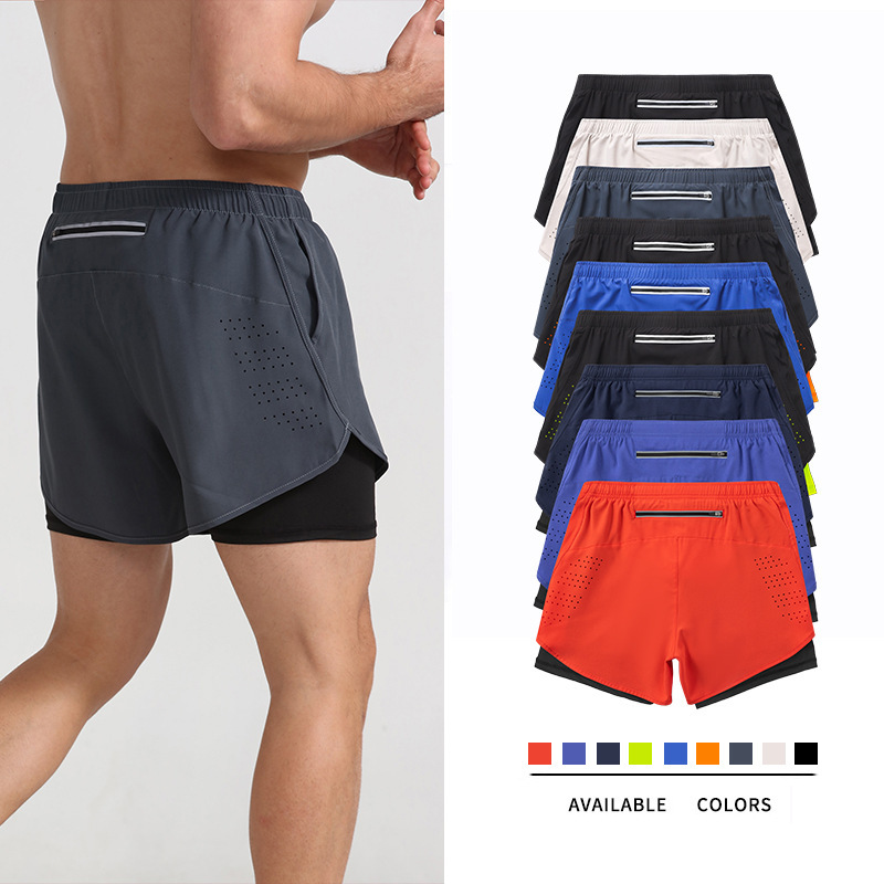 Men's Running Shorts, Professional Marathon Three-Quarter Pants with Lining, Double-Layer Pants, Fitness Sports Shorts That Can Hold a Phone