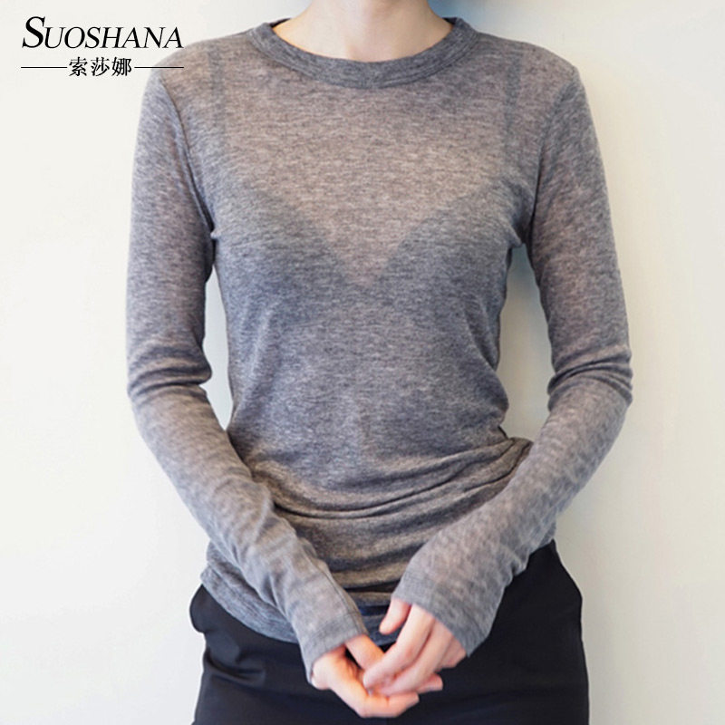 2019 autumn women's sexy perspective small round neck slim T-shirt Tang Yan Yang Mi star with the same Dilireba top trendy