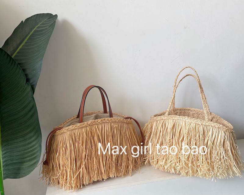 Max Girl H Brand 2026 Spring/Summer Vacation ins Old Money Style French Raffia Tassel Handbag Straw Woven Bag