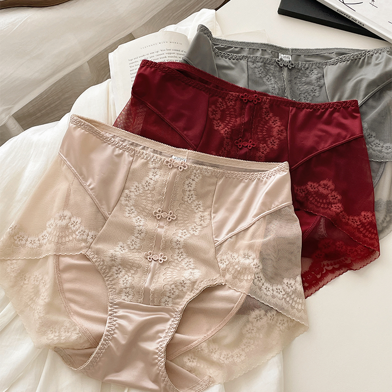 New Chinese-Style Light Luxury Satin Lace Women's Underwear, Ancora Red, Tummy Control, Butt-Lifting, Sexy Seamless Girl's Briefs