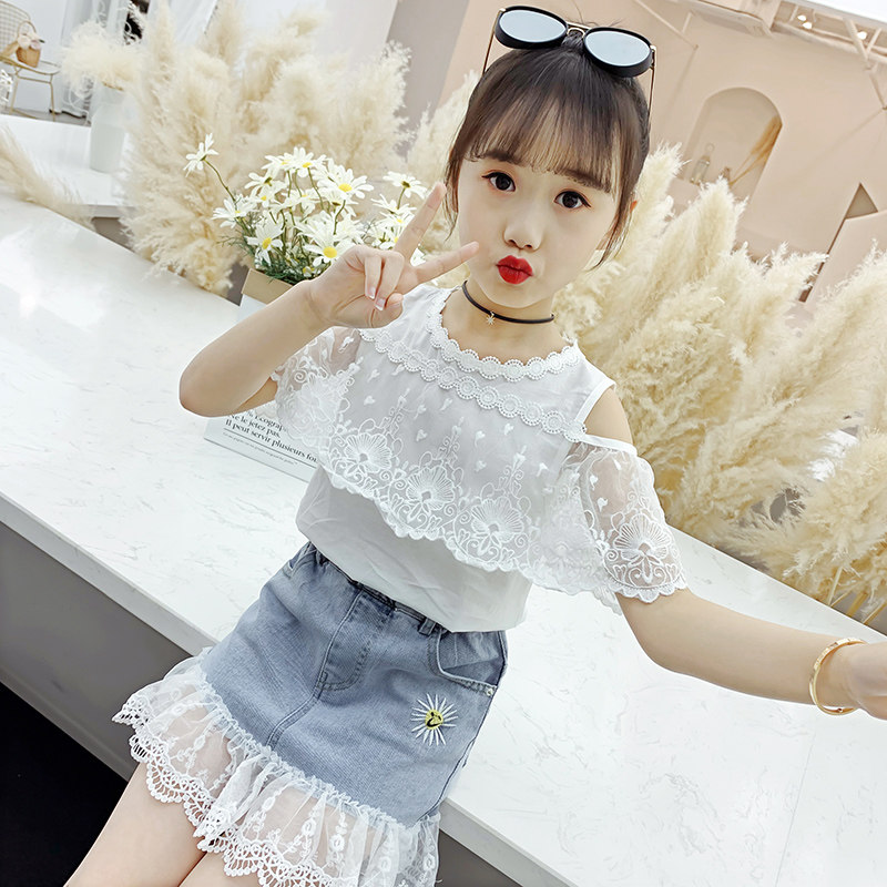 Girls summer dress 2021 new foreign pie summer denim skirt children female summer Net red dress girl summer suit tide