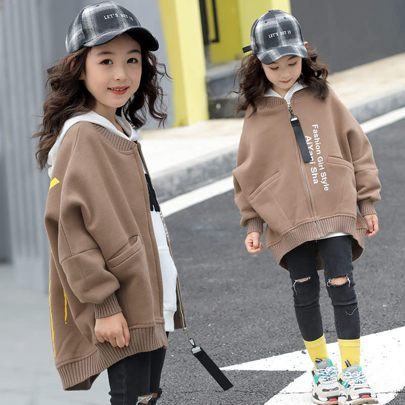 Girls thick T-shirt 2021 spring Foreign school net red spring section Large children's coat medium and long version of the windbreaker Children's women's autumn clothes
