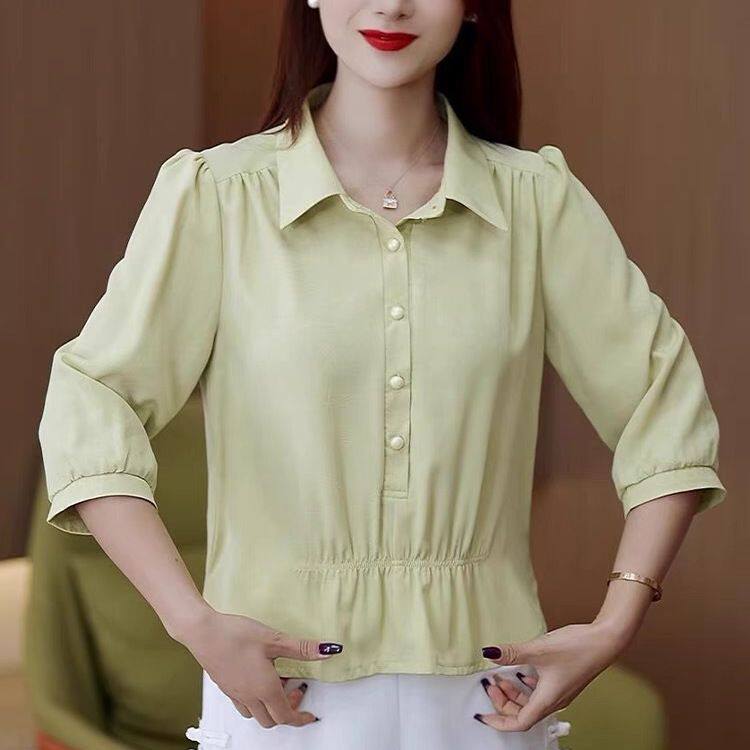 2025新款夏季时尚中袖宽松气质减龄显瘦设计感洋气套头衬衫上衣女