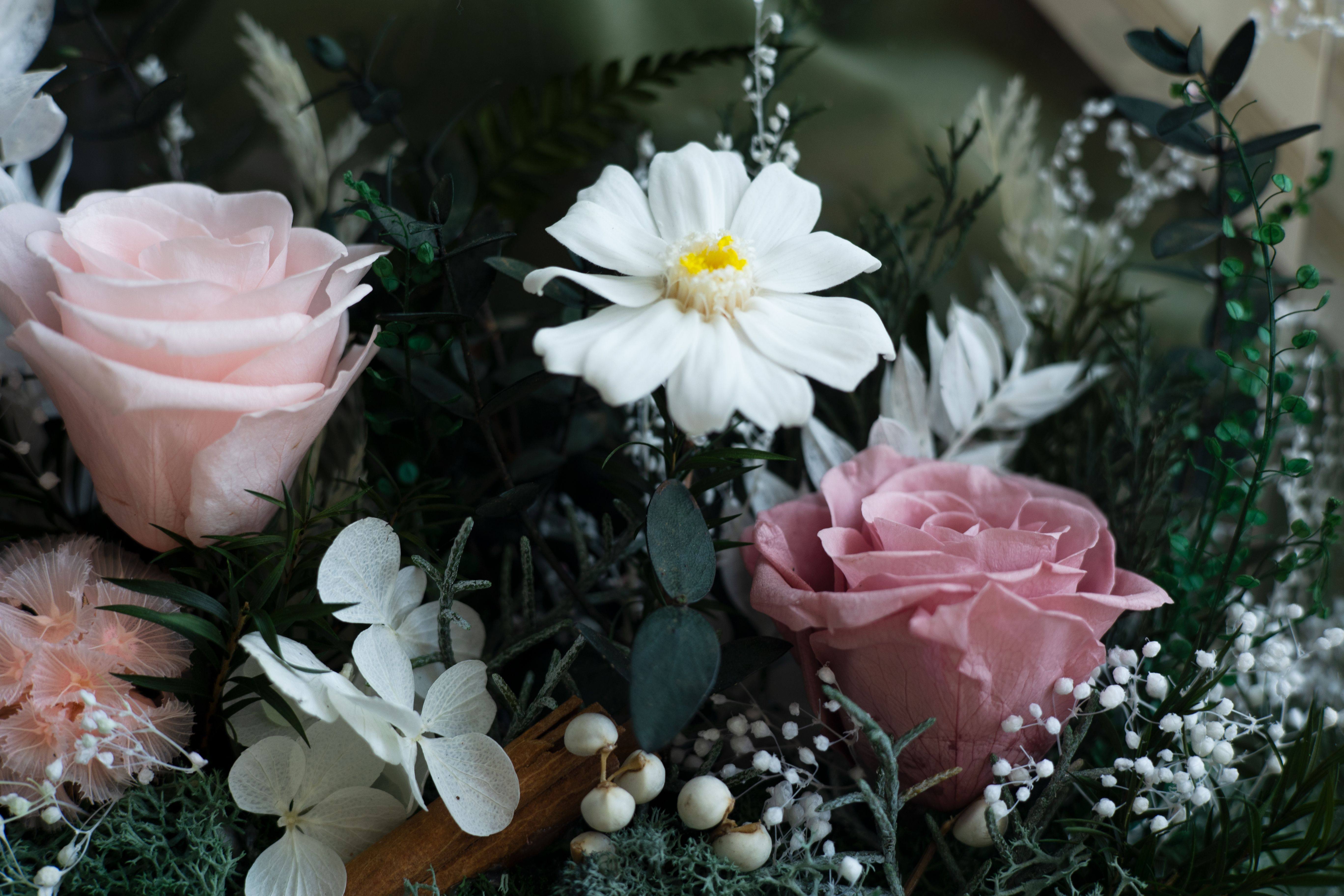 Soft pink preserved roses styled with greenery for a romantic color theme