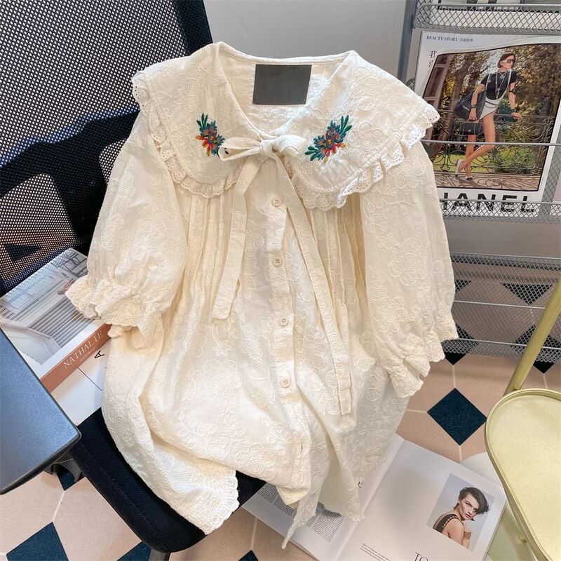 Plus Size 150kg Design-Inspired Lace-Up Doll Collar Short-Sleeve Shirt for Women, Summer Loose Embroidered Versatile Top
