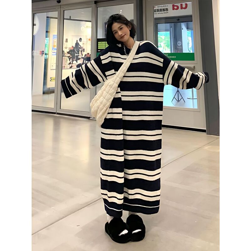 Plus Size 150kg Mid-Length Over-The-Knee Dress for Women, Autumn Loose Retro Lazy Style Striped Long Dress Plus Size 150kg Mid-Length Over-The-Knee Dress for Women, Autumn Loose Retro Lazy Style Striped Long Dress