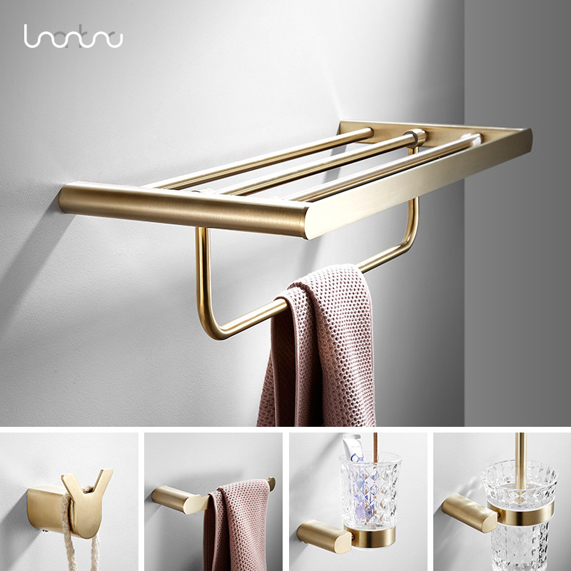 Nordic brushed towel towel rack 304 stainless steel shelf Bathroom suit tissue holder Toilet brush gold