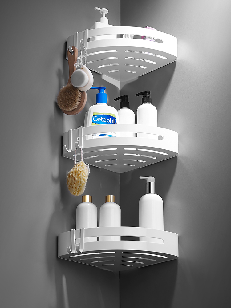 White space aluminum bathroom shelf Double-layer bathroom without hole bathroom wall-mounted triangle basket powder room pylons