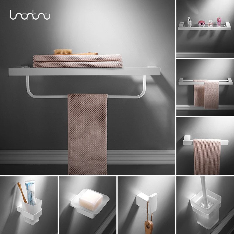 Nordic white towel rack punch-free 304 stainless steel folding bath towel rack Powder room shelf bathroom set