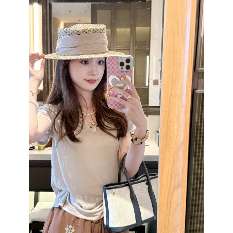 【New Chinese Style Small V】Summer Fashion Versatile New Chinese Style Sequin V-Neck Short Sleeve-Dx2025615