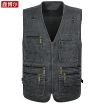 Spring and autumn middle-aged vest mens multi-pocket waistcoat father outdoor fishing old denim horse clip