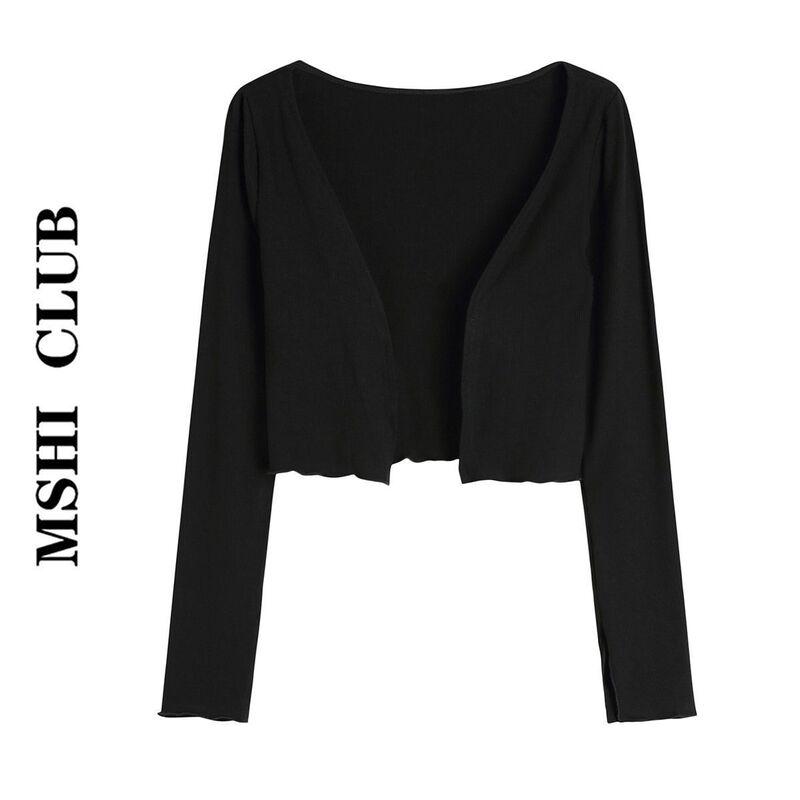 Ice Silk Short Cardigan Jacket for Women, New Summer Style, Slim Fit, Black Outerwear, Thin Style, Hot Girl Long-Sleeve Top, Black