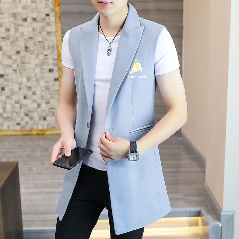 Autumn New Men's Mid-Length Vest with Suit Collar, Stylish Korean-Style Slim-Fit Sleeveless Jacket, Handsome Cape