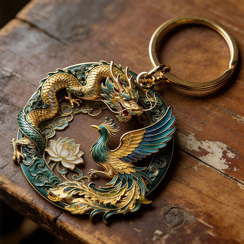 New Chinese-Style Dragon and Phoenix Harmonious Design Metal Keychain with Enamel Craftsmanship, High-End Feel, Suitable for Bags and Car Pendants New Chinese-Style Dragon and Phoenix Harmonious Design Metal Keychain with Enamel Craftsmanship, High-End Feel, Suitable for Bags and Car Pendants