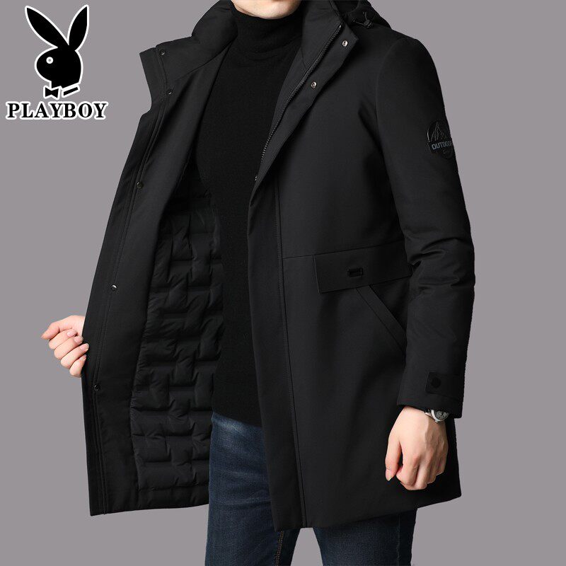 Playboy 2022 winter new men's white duck down jacket mid-length hooded large size light jacket