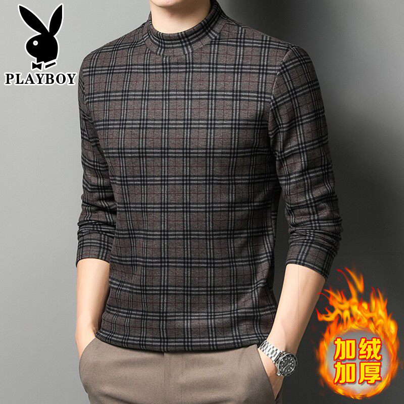 Playboy spring and autumn plus velvet thickened plaid long-sleeved T-shirt men middle-aged dad men's half turtleneck bottoming shirt