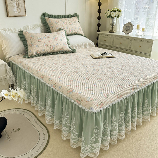 French Lace Bed Skirt Single Piece Pure Cotton Thickened Bedspread Three-Piece Set European Style All-Cotton Non-Slip Bed Cover Pastoral Princess Style