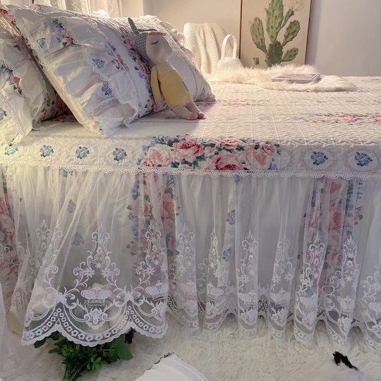 French Lace Bed Skirt Single Piece Pure Cotton Thickened Bedspread Three-Piece Set European Style All-Cotton Non-Slip Bed Cover Pastoral Princess Style