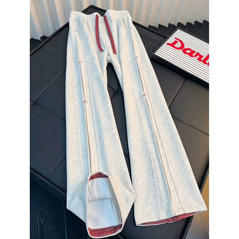 American-Style Cleanfit Patchwork Plaid Sweatpants for Men and Women, High Street Fashion Brand, Loose Straight-Leg Casual Pants, Embroidered Sports Pants