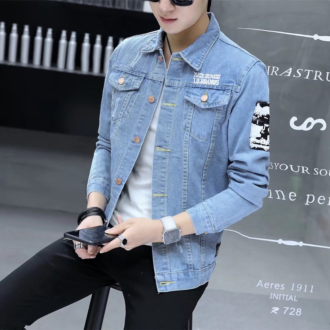 Mùa xuân phần mỏng denim jacket nam slim jacket Hàn Quốc phiên bản của xu hướng của thanh niên đẹp trai hoang dã áo giản dị