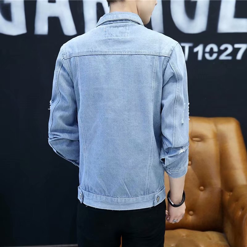 Thêu denim áo khoác nam xã hội tinh thần chàng Slim áo khoác Hàn Quốc phiên bản của xu hướng của người đàn ông màu đỏ nhanh chóng với cùng một đoạn